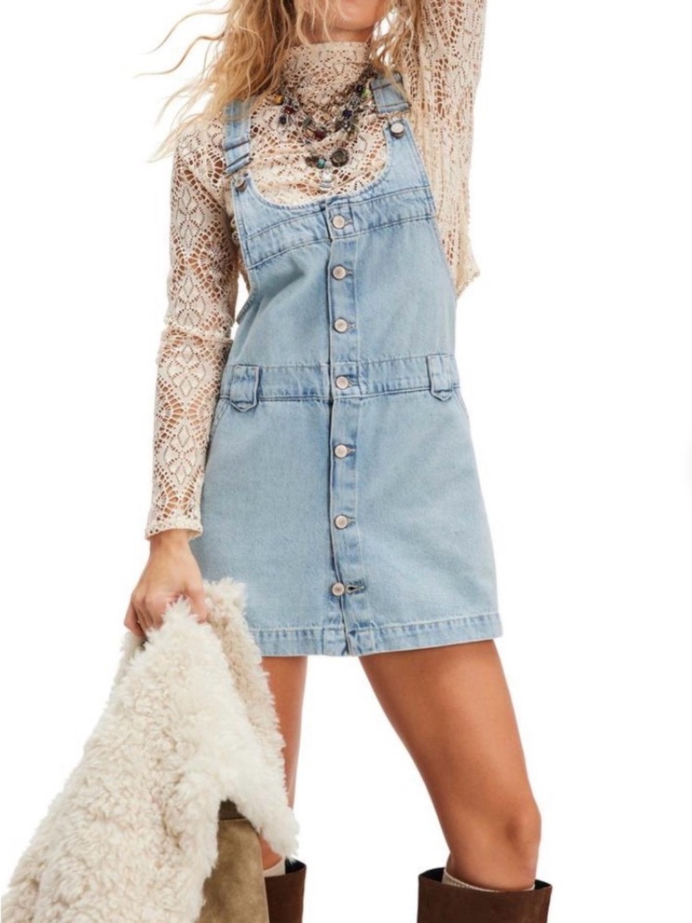 Free People Light Blue Denim Overall Mini Dress